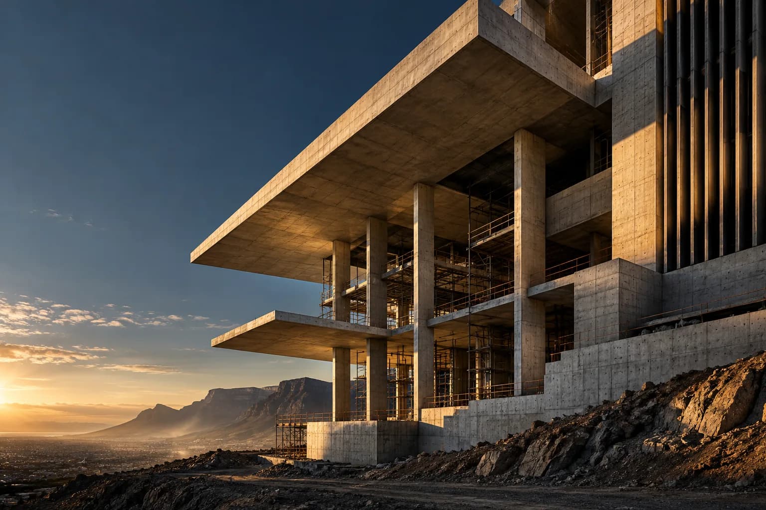 Monumental concrete architecture and exposed structural columns at sunset